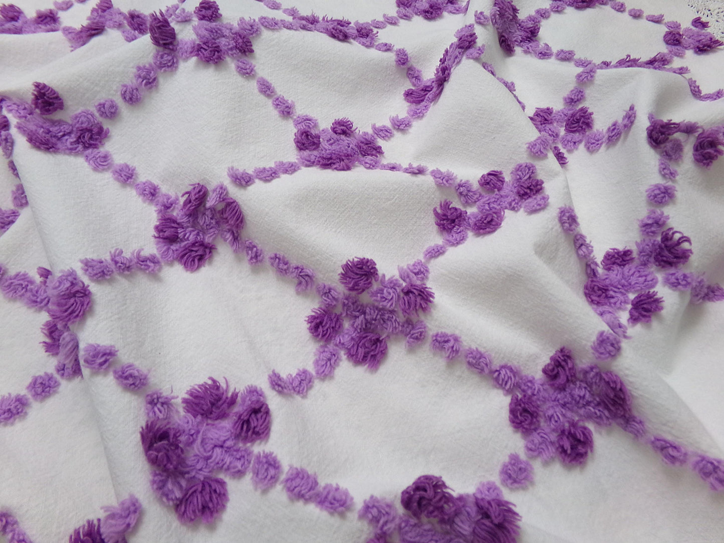 Crocus Buds in Snow Vintage Chenille Fabric, Purple & White 20" x 24" piece