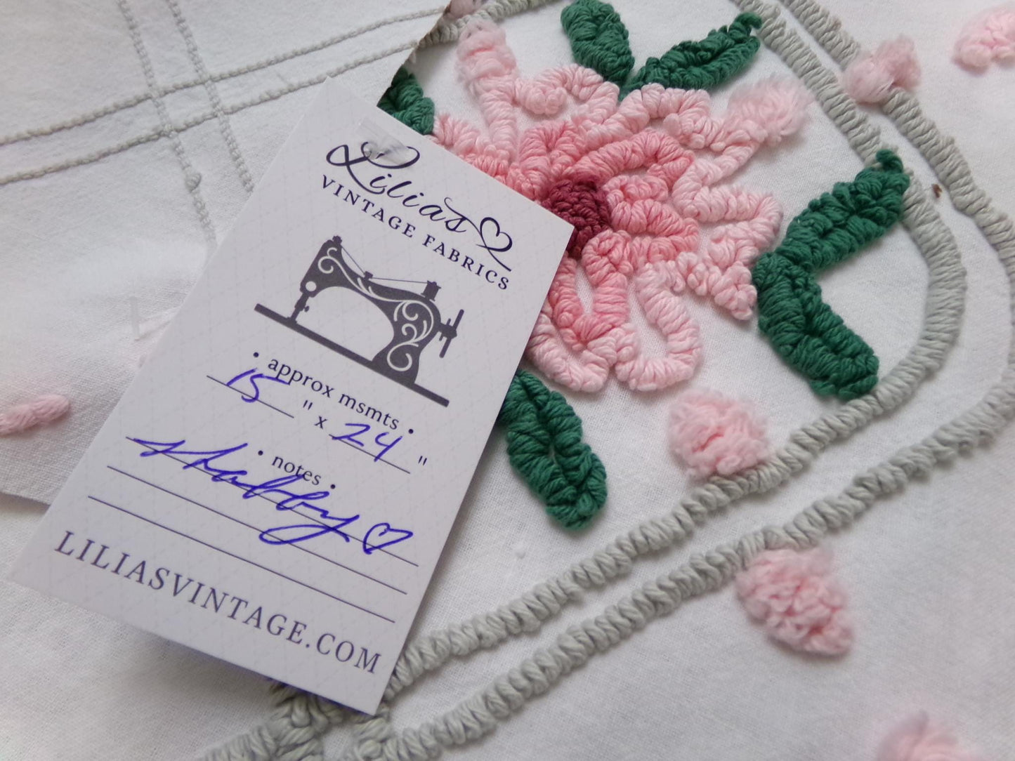 Dove Grey Pink Rose Vintage Chenille Bedspread Fabric Quilt Sewing Material 15" x 24"
