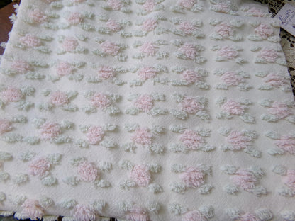 Creamy Vanilla Pink Rosebud Vintage Chenille Bedspread Fabric, 18 x 24"