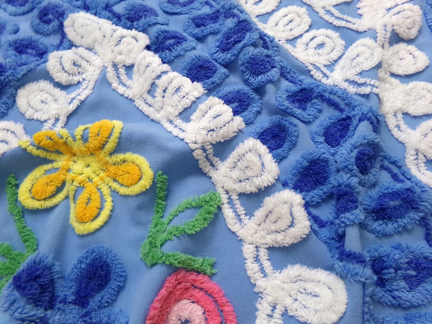 vintage shabby chenille bedspread fabric, abstract floral blue & white swirls, 14" x 22" piece