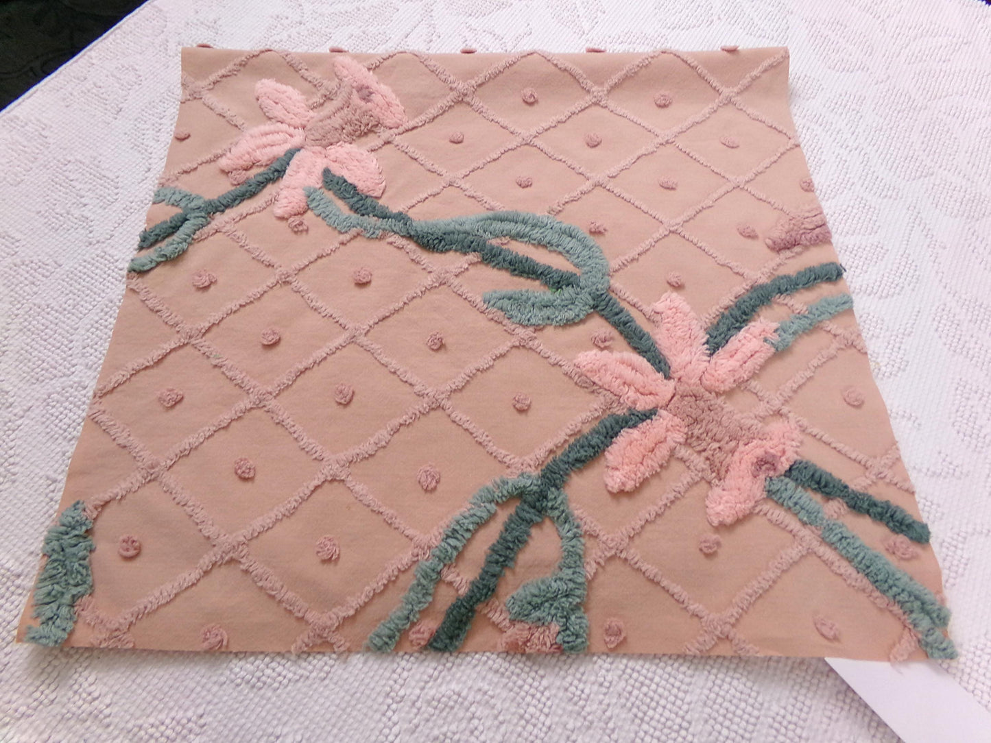 Darling Daffodils Vintage Chenille Fabric Antique Shabby Floral Sewing Material 17x31"