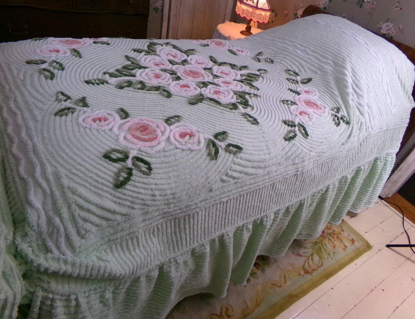 Luxury Vintage Chenille Bedspread, Tufted Cottage Roses on Mint Green, Full Size Boxed & Fitted Design with Integrated Skirt