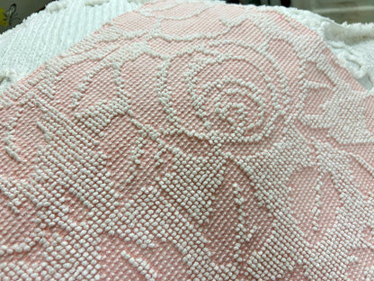 Pink Rose Vintage Chenille Fabric Piece Hobnail Cabbage Rose Reversible Shadow 18x24"