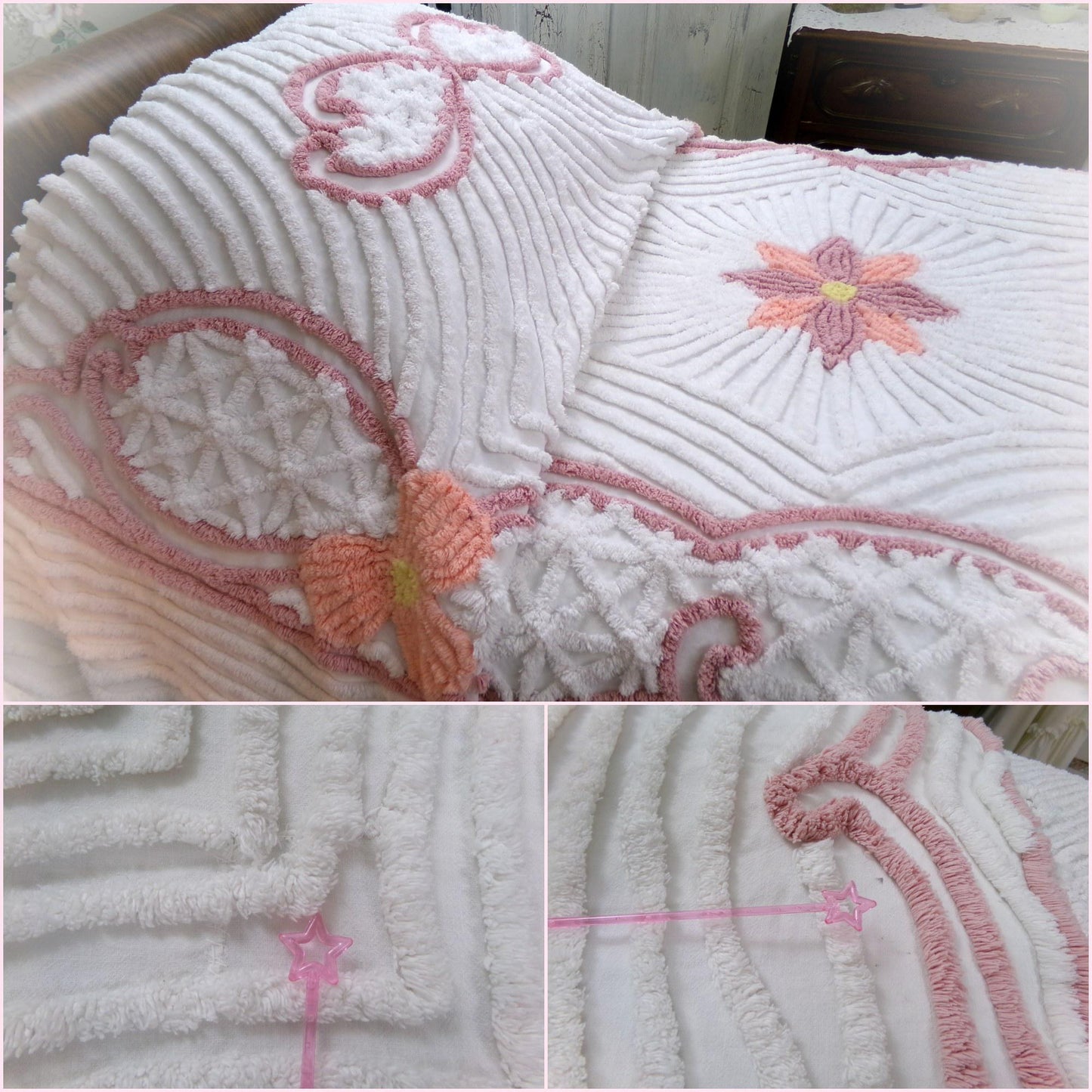 Vintage Chenille Bedspread Full Size Plush Luxurious Tufting, Shabby Chic Style Cotton Bedding