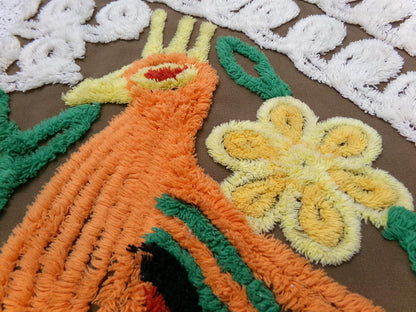 peacock vintage chenille bedspread fabric boho bird brown orange 14x21" small piece
