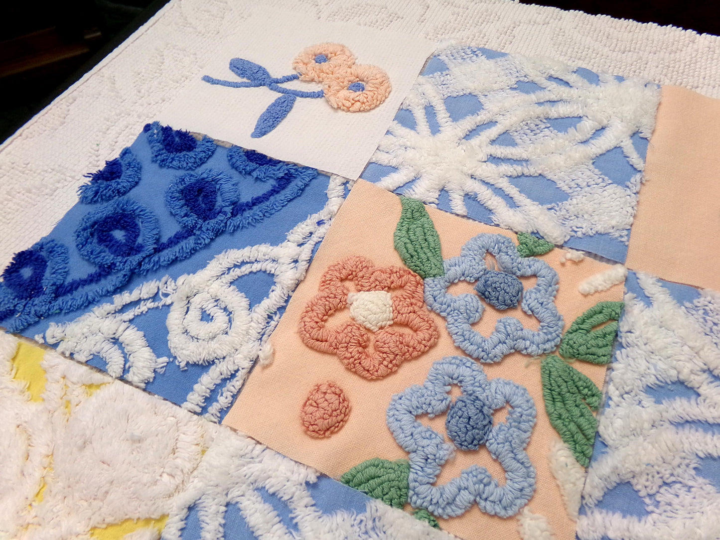 Summer Floral Vintage Chenille Fabric Squares Set, 16 Quilt Blocks, 6" x 6" inches each, for Quilting, Sewing, DIY Pillows