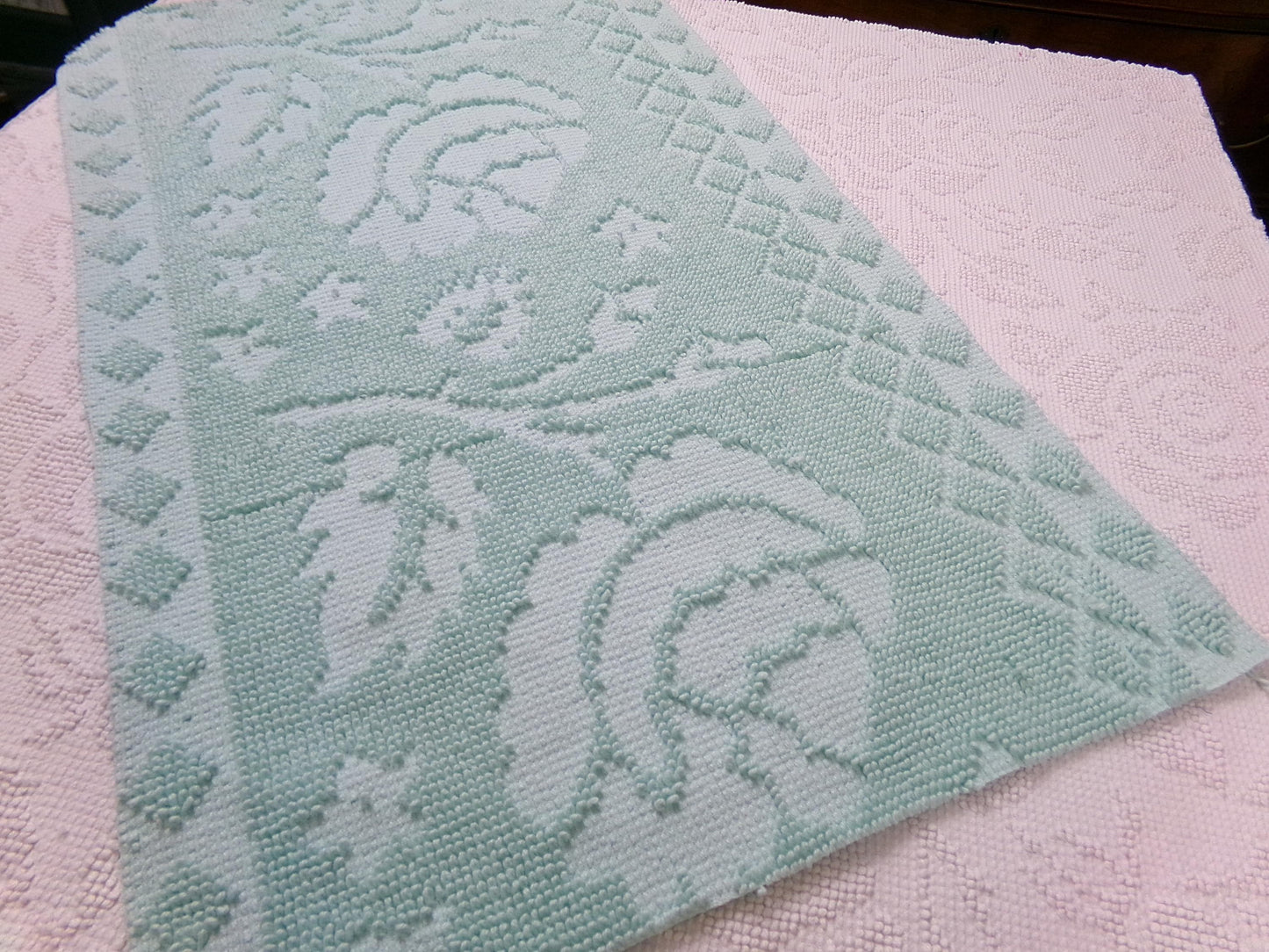 Vintage Hobnail Chenille Fabric Reversible Rose Aqua Ghost Shadow Shabby Mood 17"x27"
