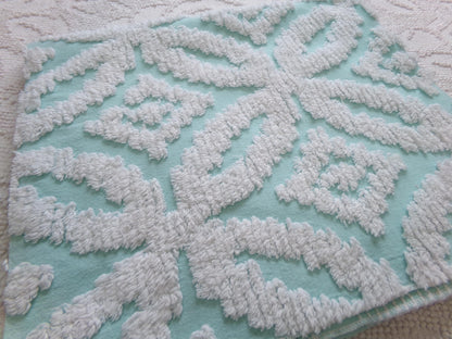 vintage aqua chenille fabric, white petals geometric design, 20" x 24" piece of sewing material