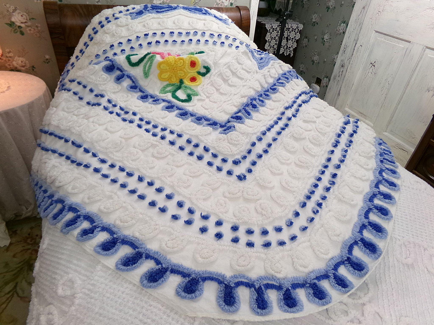bring me joy vintage chenille bedspread, colorful sprawling blue flower basket on white, retro cottage style full size cotton bedding