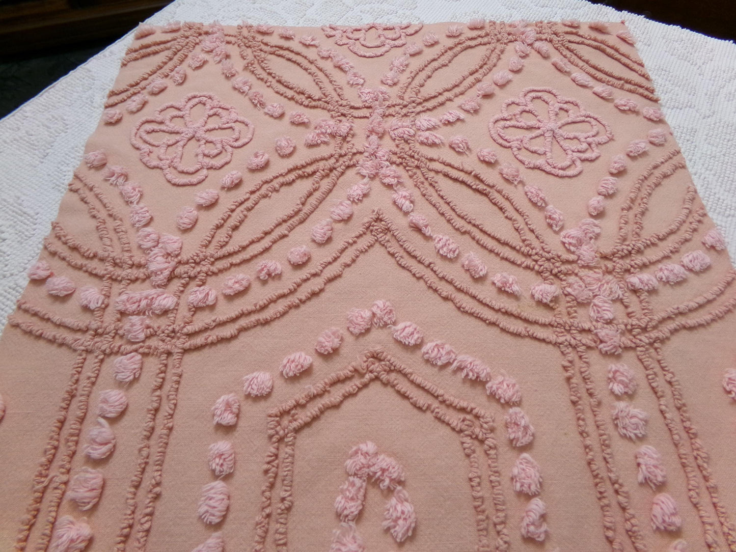 Boho Earthy Vintage Chenille Bedspread Fabric Piece, Cathedral Daisy Dot Design, 19" x 24"