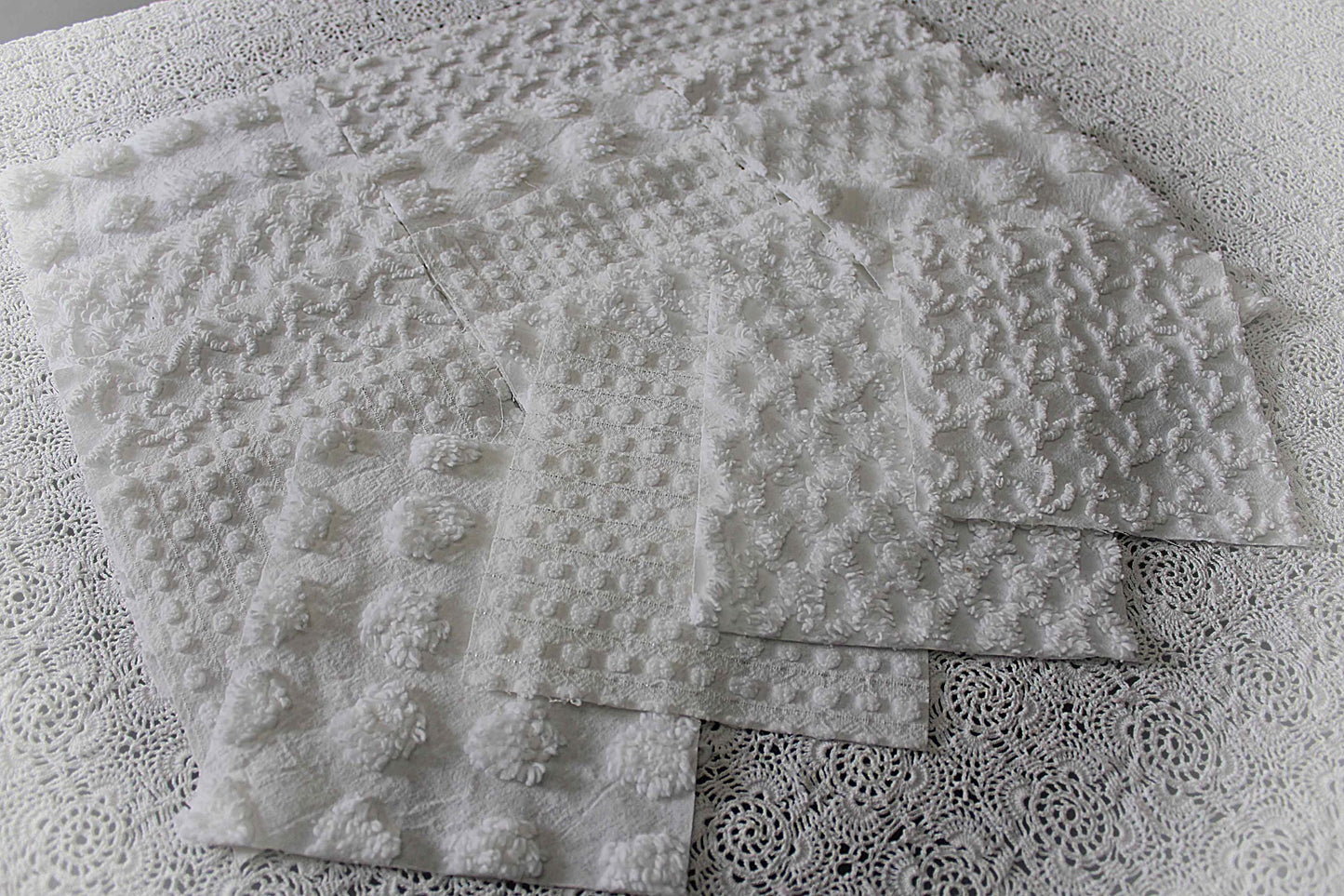 white chenille fabric squares in great textures, coin dots, lattice, mini pop sparkle & squiggles, 16 vintage quilt blocks, 6" x 6" ea