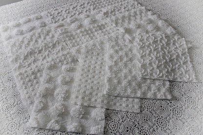 white chenille fabric squares in great textures, coin dots, lattice, mini pop sparkle & squiggles, 16 vintage quilt blocks, 6" x 6" ea