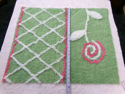 Pink Lollipop Flower Vintage Style Chenille Fabric Apple Green 22 x 27" Sewing Material