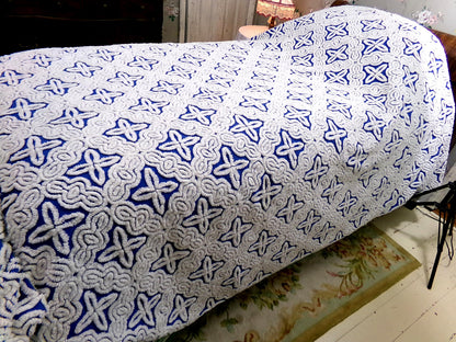 Mystic Gothic Cross Vintage Chenille Bedspread, Plush White Tufting on Cobalt Blue, 100% Cotton Luxury Full Size Bedding