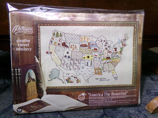 AMERICA the BEAUTIFUL Vintage Crewel Embroidery Kit USA Map Paragon Stitchery 0434