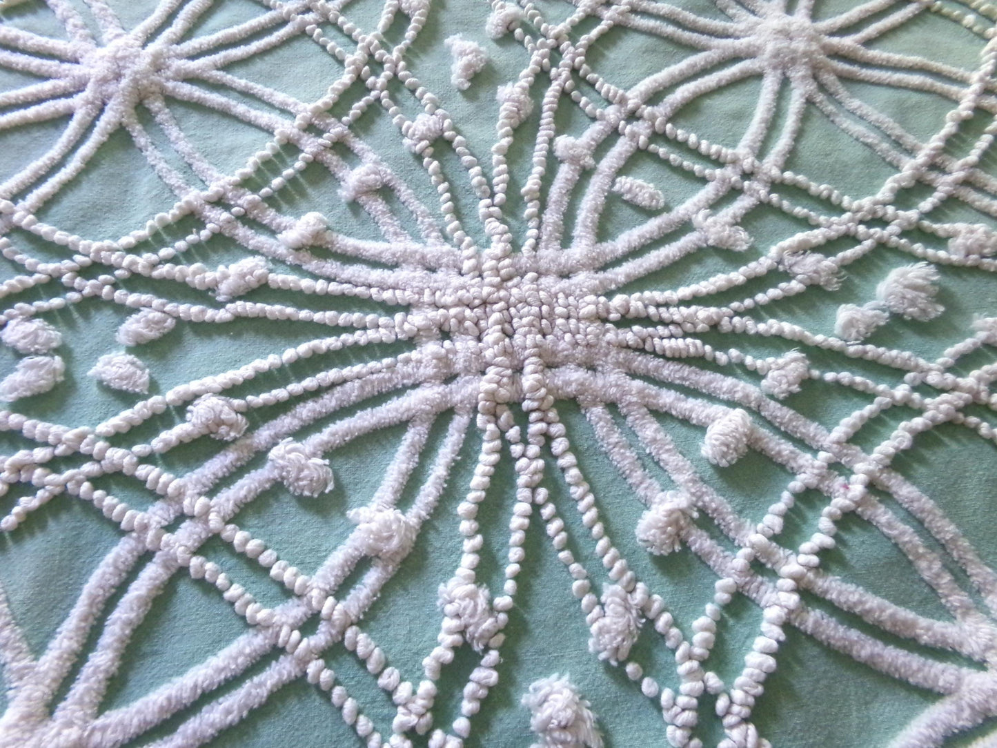 starry spiderweb jade green vintage chenille fabric, unique webbed design, 20" x 26" inch piece for quilting material & sewing