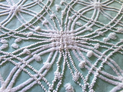 starry spiderweb jade green vintage chenille fabric, unique webbed design, 20" x 26" inch piece for quilting material & sewing