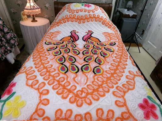 Huge KING Size Peacock Vintage Chenille Bedspread, Orange Lovebirds & Hearts