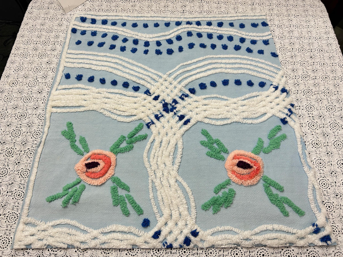 Coastal Blue Vintage Chenille Bedspread Fabric Floral 23x21" Piece