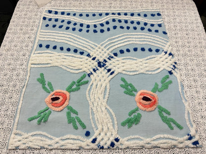 Coastal Blue Vintage Chenille Bedspread Fabric Floral 23x21" Piece