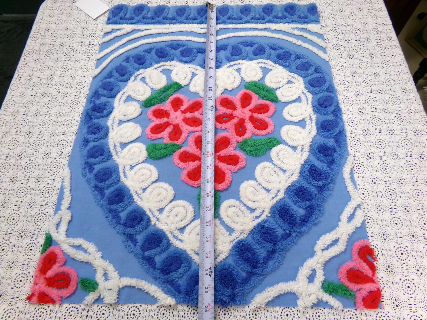 American Spirit Vintage Chenille Fabric Blue Floral Heart Scroll 19x24"