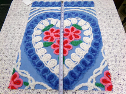 American Spirit Vintage Chenille Fabric Blue Floral Heart Scroll 19x24"