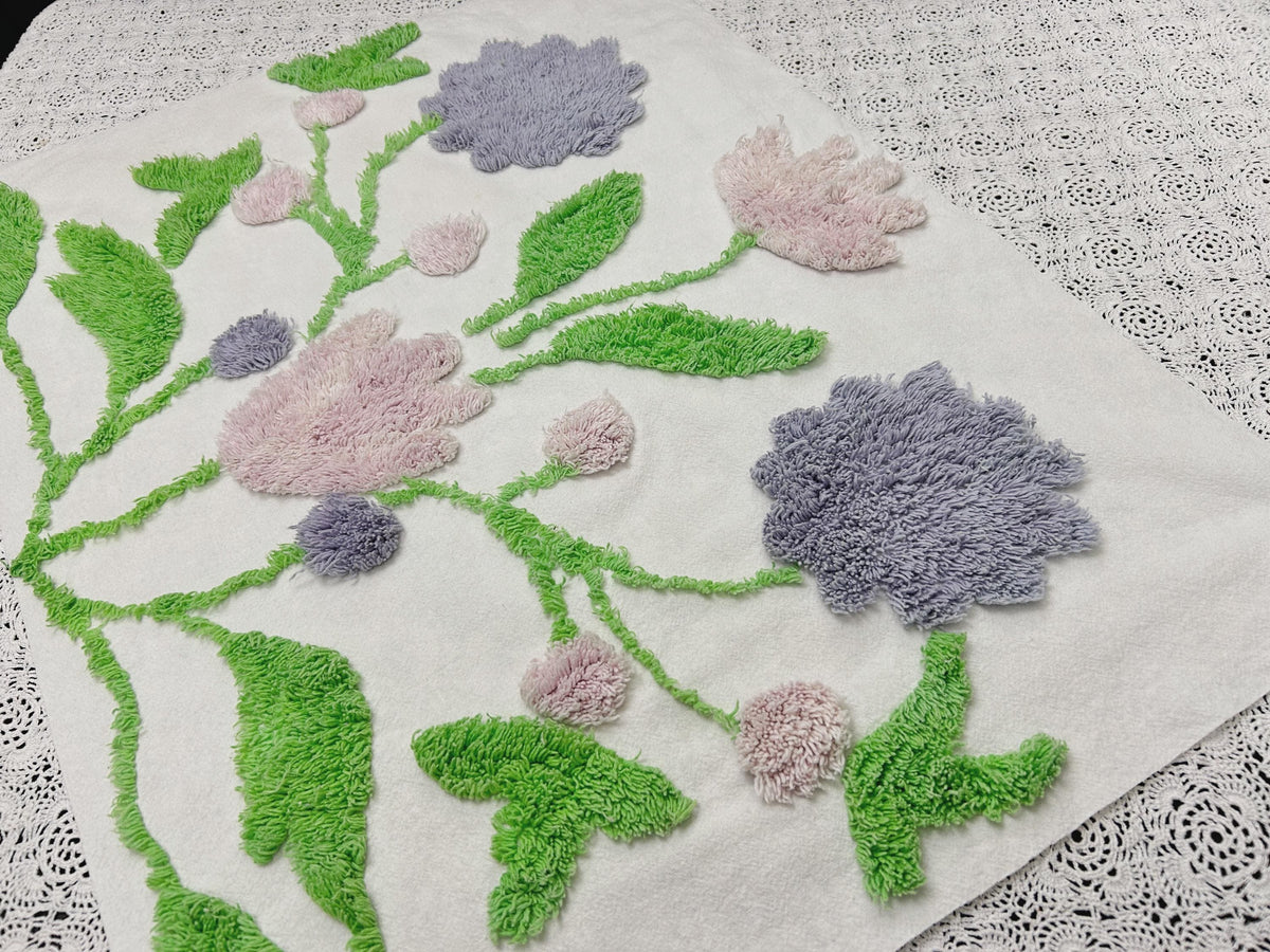 Vintage Spring Floral Chenille Fabric, Plush Flowers & Greenery 18x24"
