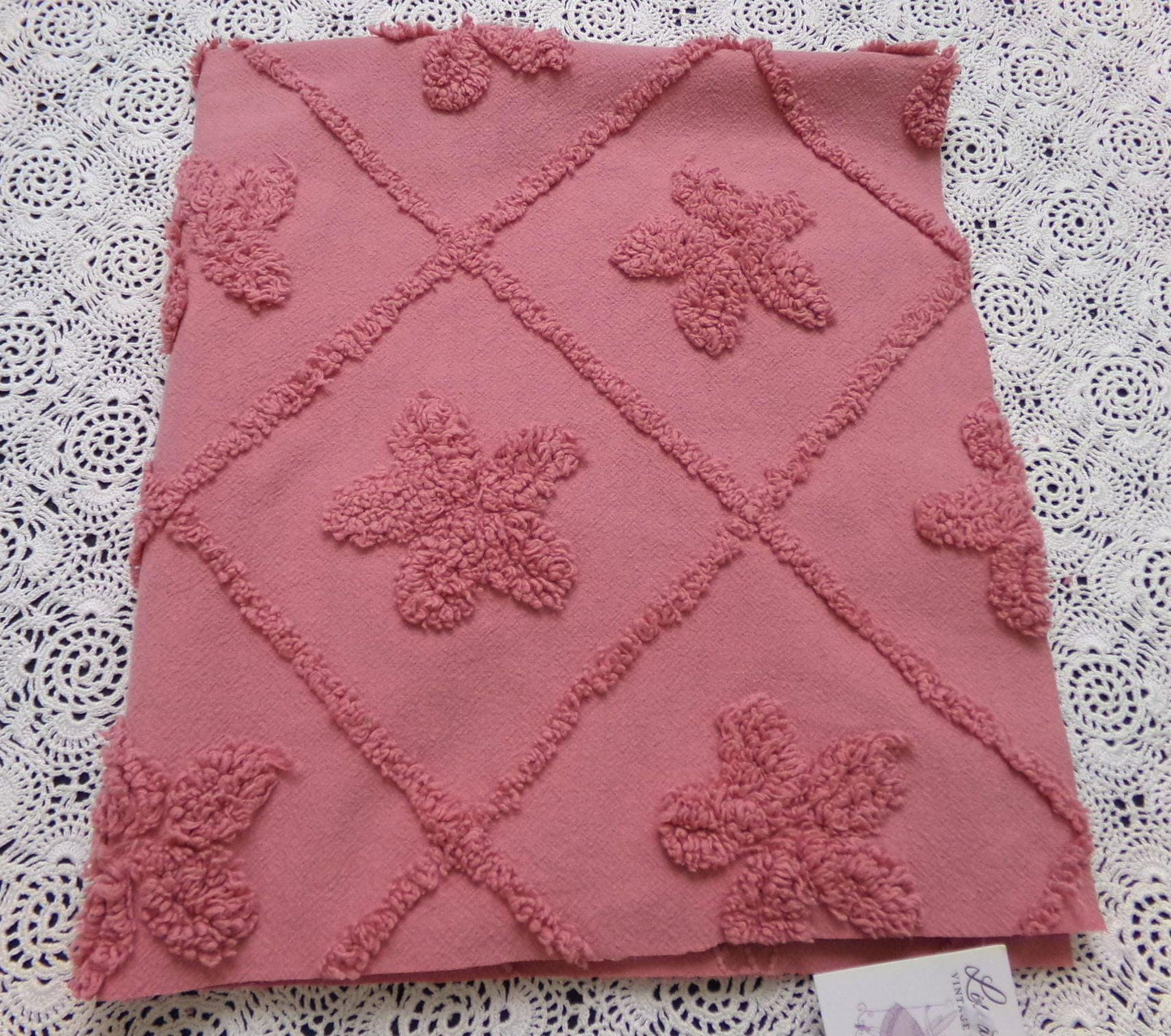 Vintage Chenille Fabric Dusty Rose Pink Tufted Floral Diamond Lattice Pattern 19x23"