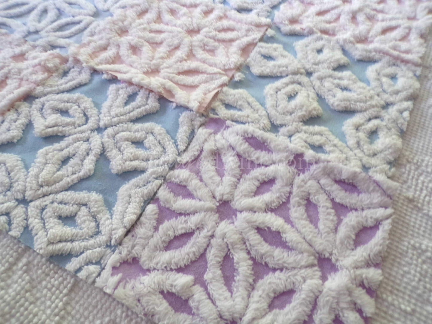 fluffy pastel vintage chenille fabric squares in pink, blue & lilac white, set of 16 quilt blocks, 6" x 6" inches each for quilting, crafts