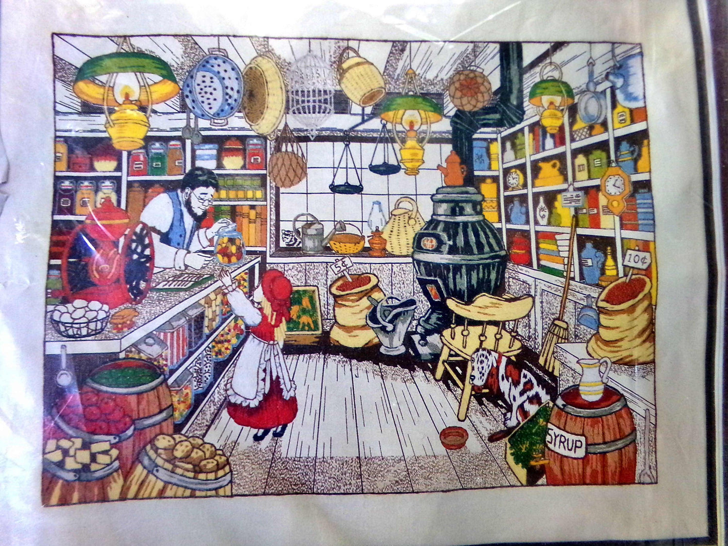 PENNY CANDY Vintage Paragon Stitchery Crewel Embroidery Kit # 0705, Nostalgic Old Fashioned Country Store Scene, Design by Adele Veres