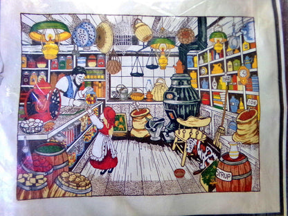 PENNY CANDY Vintage Paragon Stitchery Crewel Embroidery Kit # 0705, Nostalgic Old Fashioned Country Store Scene, Design by Adele Veres