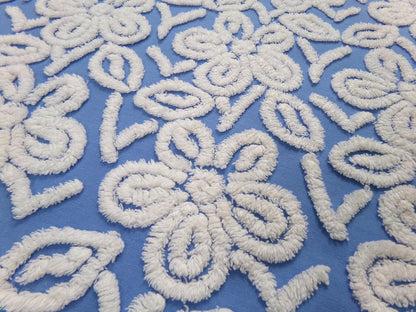 Daisy Dance Vintage Chenille Bedspread Fabric, Blue & White Floral Quilt Material 20" x 23" Piece