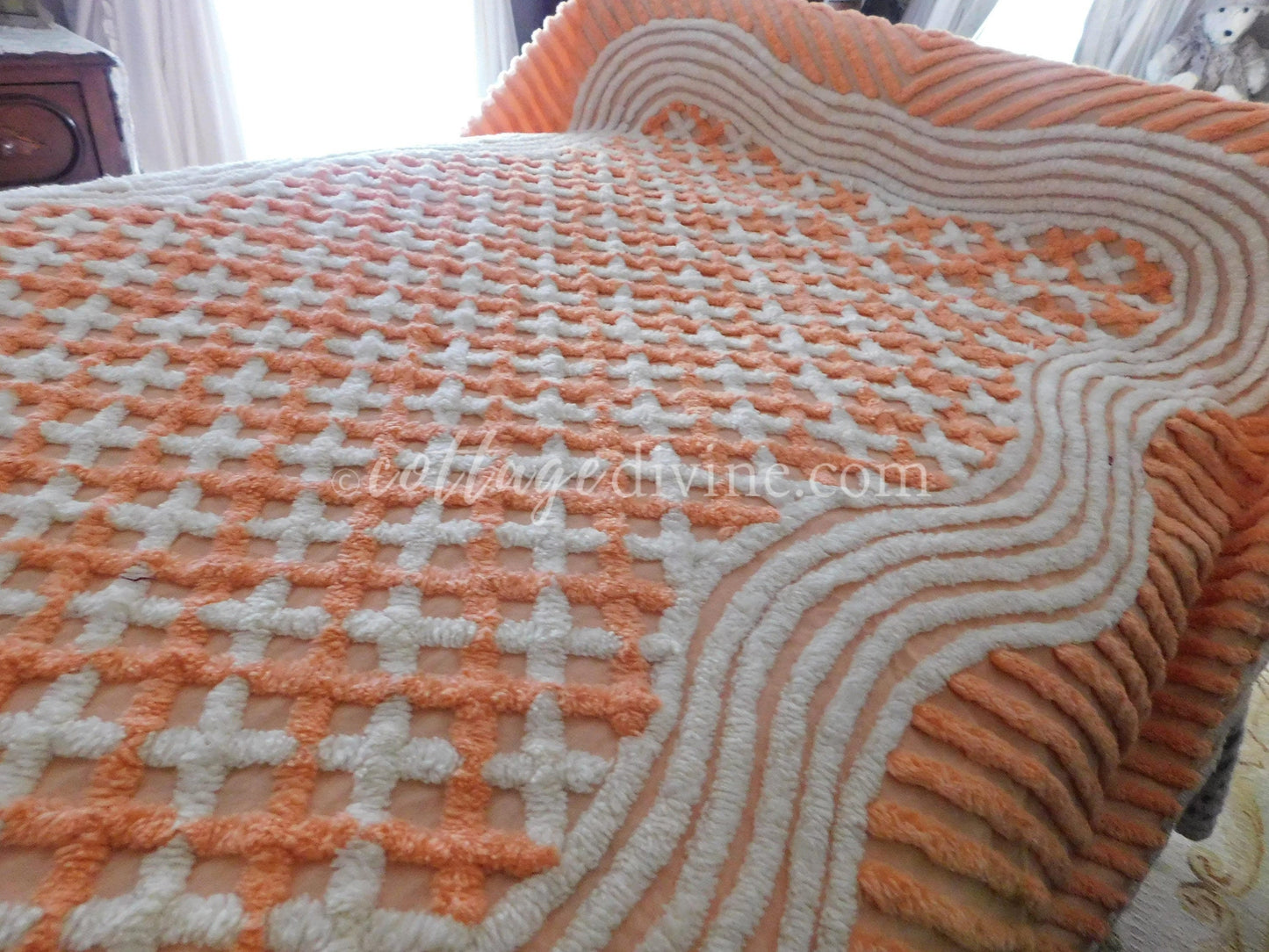 Peach Creamsicle Vintage Chenille Bedspread, 100% Plush Cotton, Twin Size Cotton Bedding