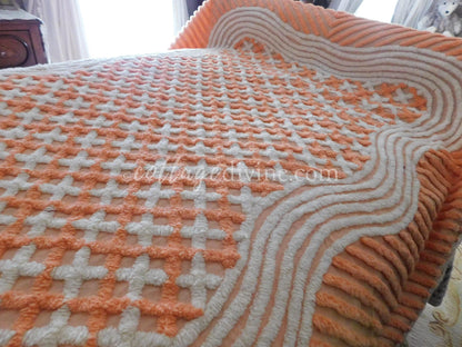 Peach Creamsicle Vintage Chenille Bedspread, 100% Plush Cotton, Twin Size Cotton Bedding