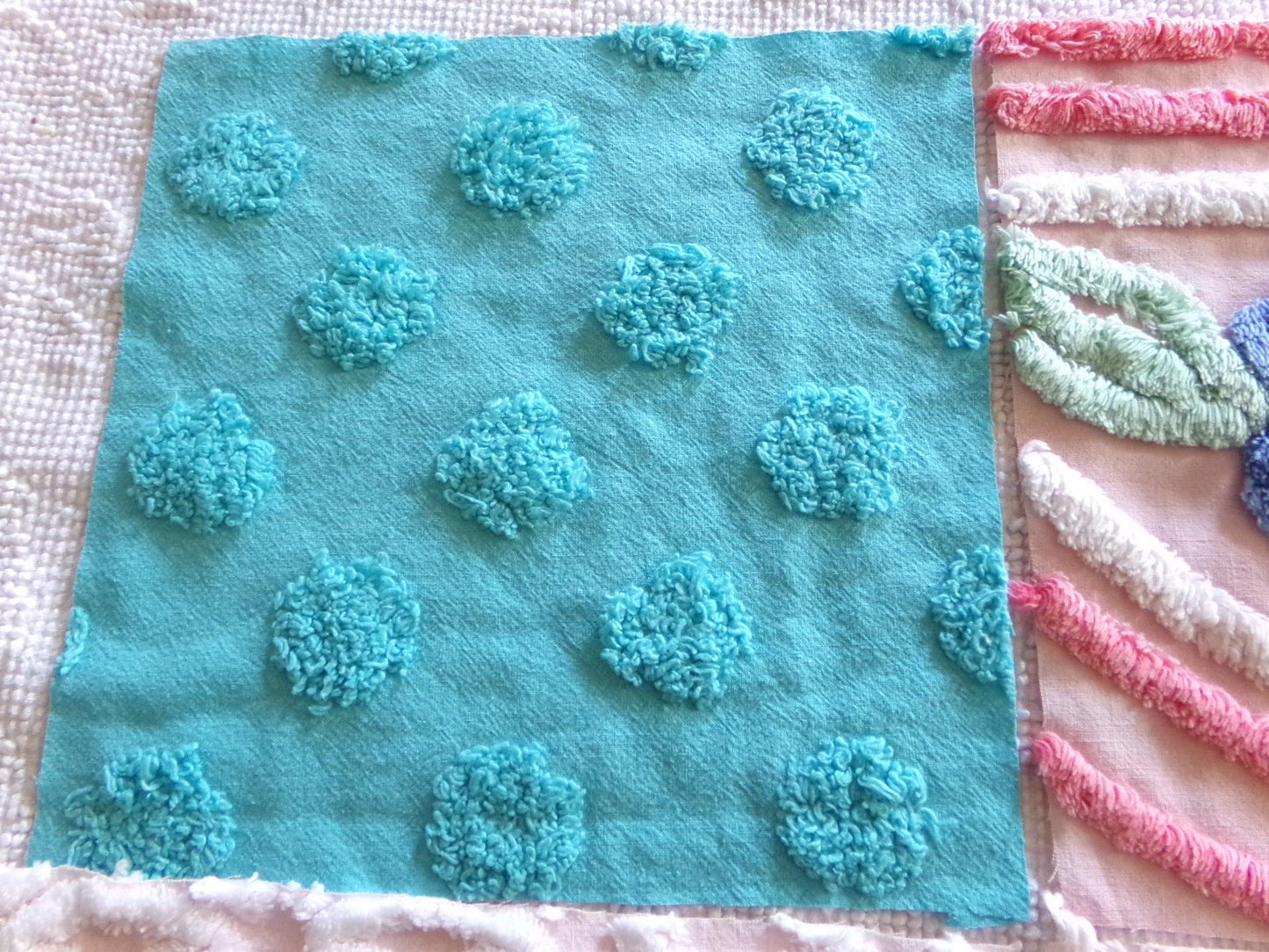 chenille fabric squares, set of 6 large 9.5" square quilt blocks from vintage chenille bedspreads, pretty daisy, plush floral, dots