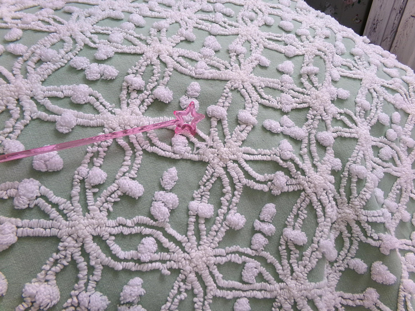 Grassy Sage Green Vintage Chenille Fabric in Wedding Ring Pop Raised Textured Design, 18" x 24" Piece Sewing & Quilt Material