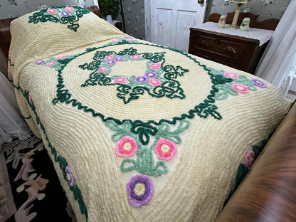 Vintage Yellow Chenille Bedspread, Lollipop Roses & Green Medallion Scrolls, Full Size