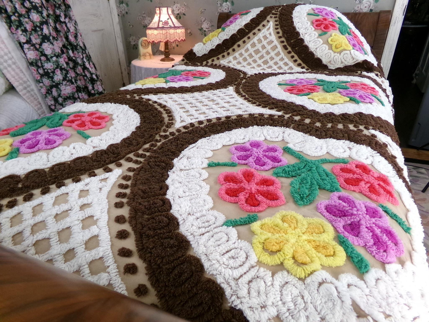 Vintage Chenille Bedspread, Rainbow Hearts Chocolate Brown, Full Size