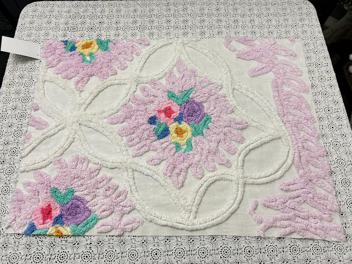 Vintage Chenille Fabric, Lavender Pink Floral Tufted 18x26" Craft Piece