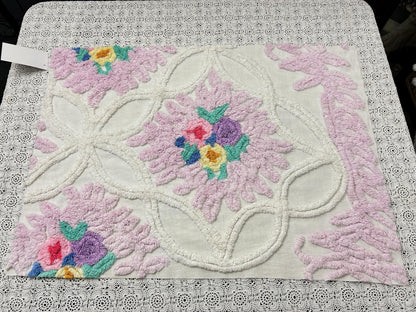Vintage Chenille Fabric, Lavender Pink Floral Tufted 18x26" Craft Piece