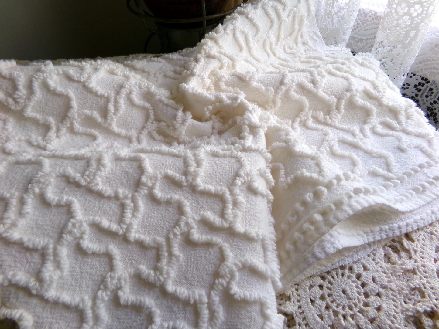 Neutral Cream Vintage Chenille Fabric, Texturized Squiggle Cotton Material, 20" x 25" inch Piece, Neutral Vintage Fabric for Quilts, Pillows