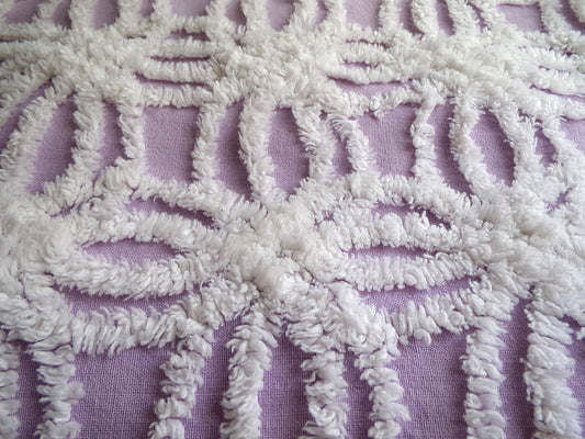 Vintage Lilac Chenille Fabric, White Spider Tufted Pattern, 18" x 24" Piece