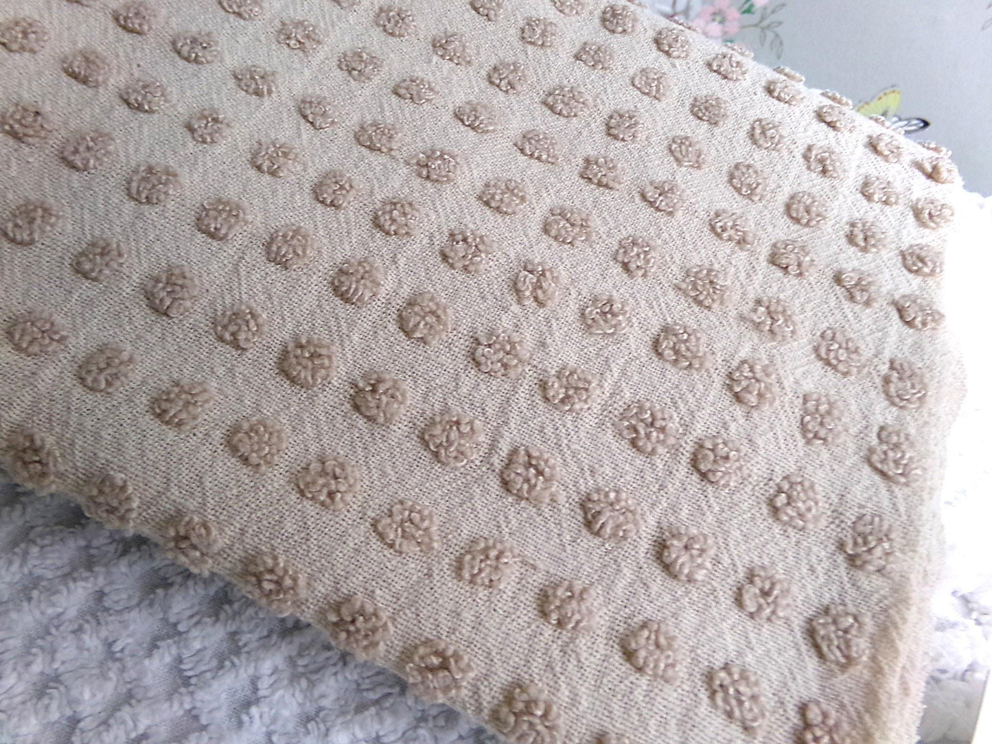 neutral mocha pops vintage chenille fabric, Morgan Jones little popcorn dots, 18" x 24" piece of lightweight sewing & quilting material