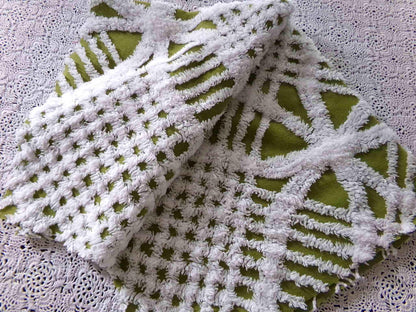 Boho Olive Army Green Vintage Chenille Fabric, 22" x 20" inch Piece, Retro 1970s Hippie Vibes