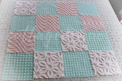 pink & aqua chenille fabric squares, set of quilt blocks cut from vintage chenille bedspreads, set of 16, 6" x 6" each for sewing, crafts