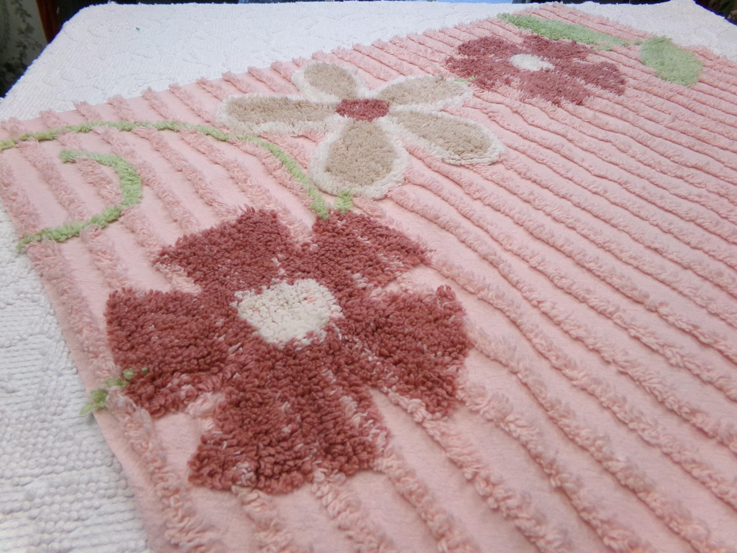 Vintage Chenille Bedspread Fabric, Pink Tufted Climbing Florals, 20" x 26" piece