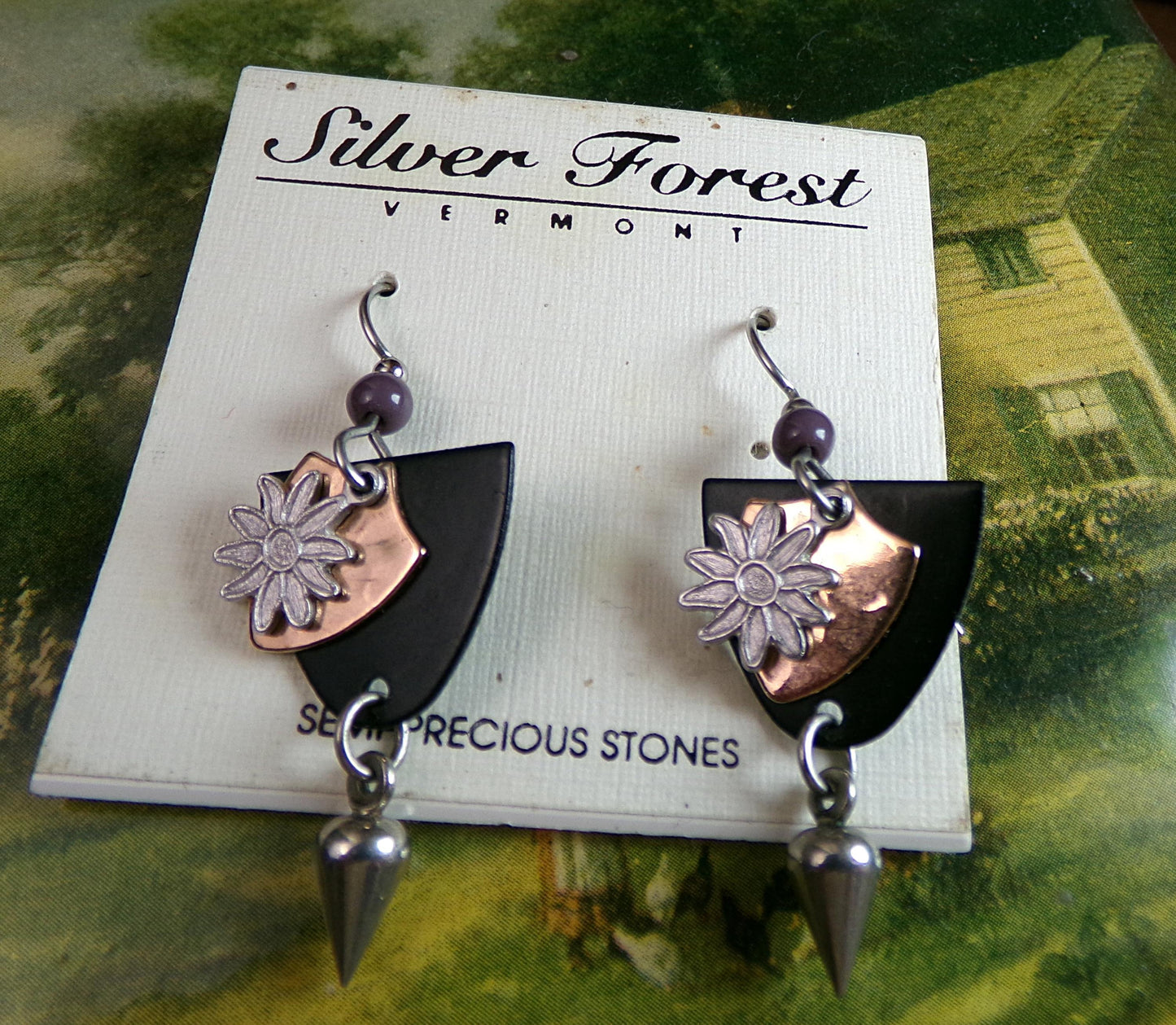Vintage Silver Forest Earrings Dagger Daisy Pierced Dangle Boho Style Jewelry