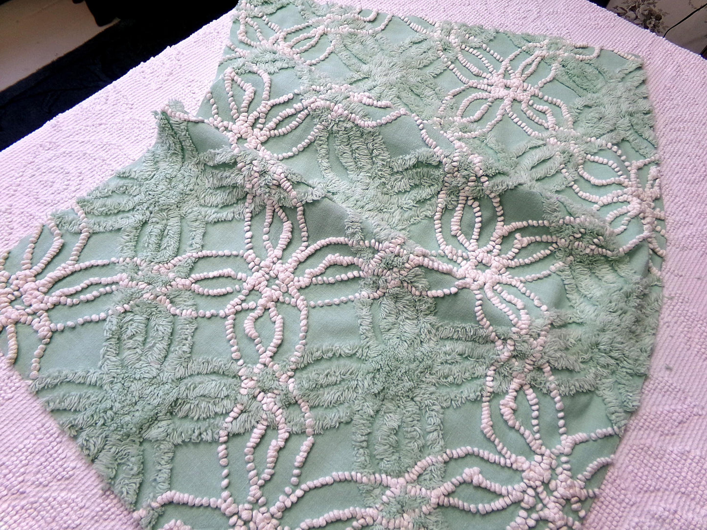 trendy jade green vintage chenille fabric: 18" x 24" piece w/ contrast spider rings for quilting, crafts