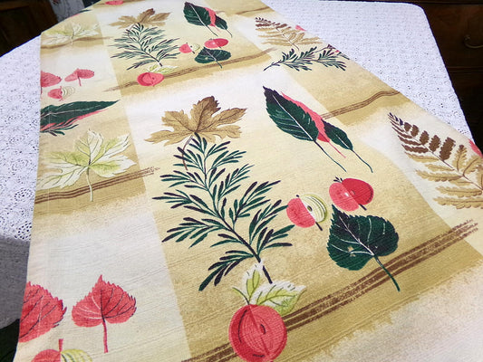 Vintage 1950s Barkcloth Fabric, Rustic Boho Shadow Autumn Leaves, Apples & Pine, 20"x46"