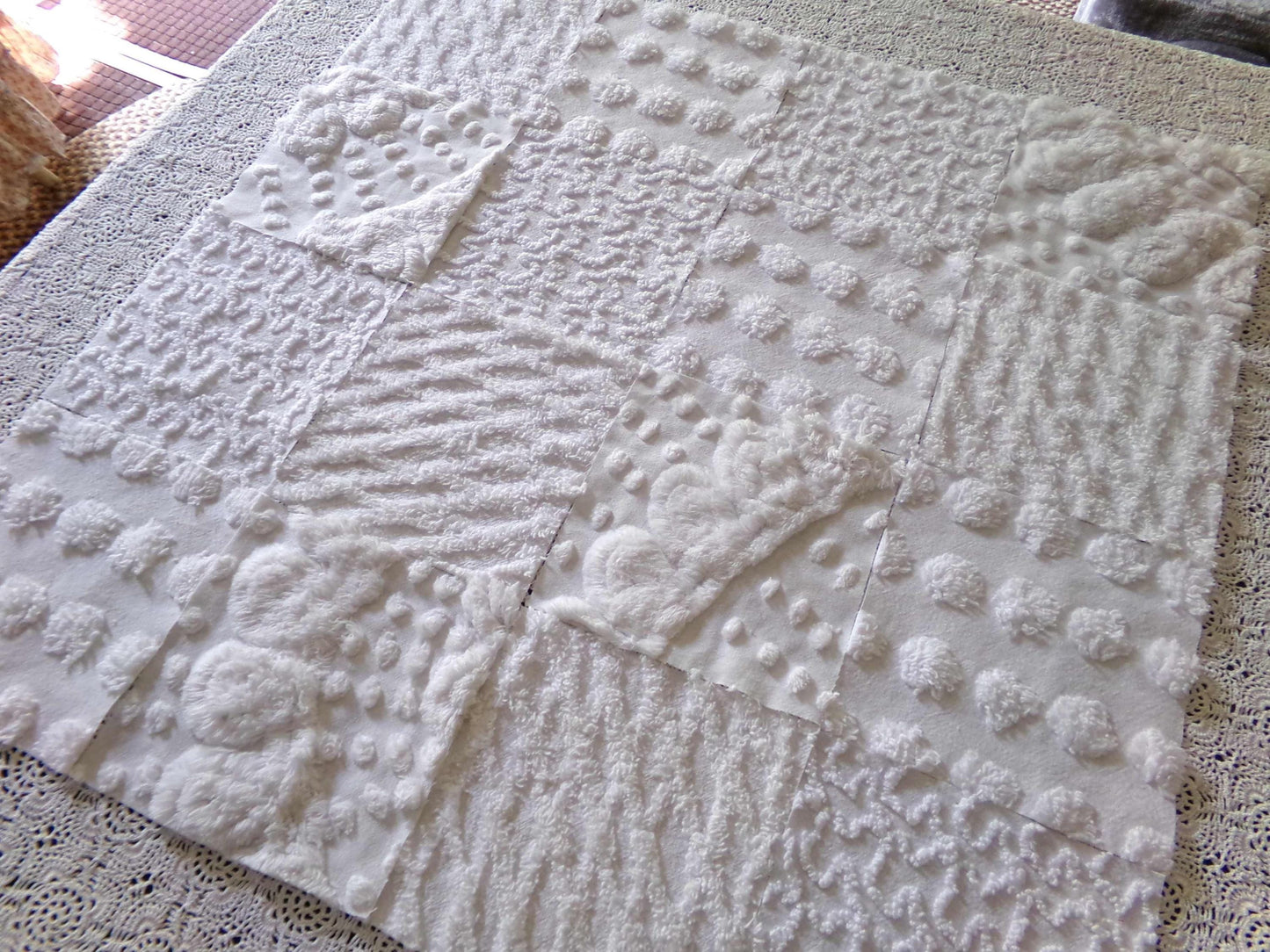 snow bunny vintage chenille fabric squares, 16 vintage white 6" quilt blocks w/ pops, squiggles, diamond lattice & swirls